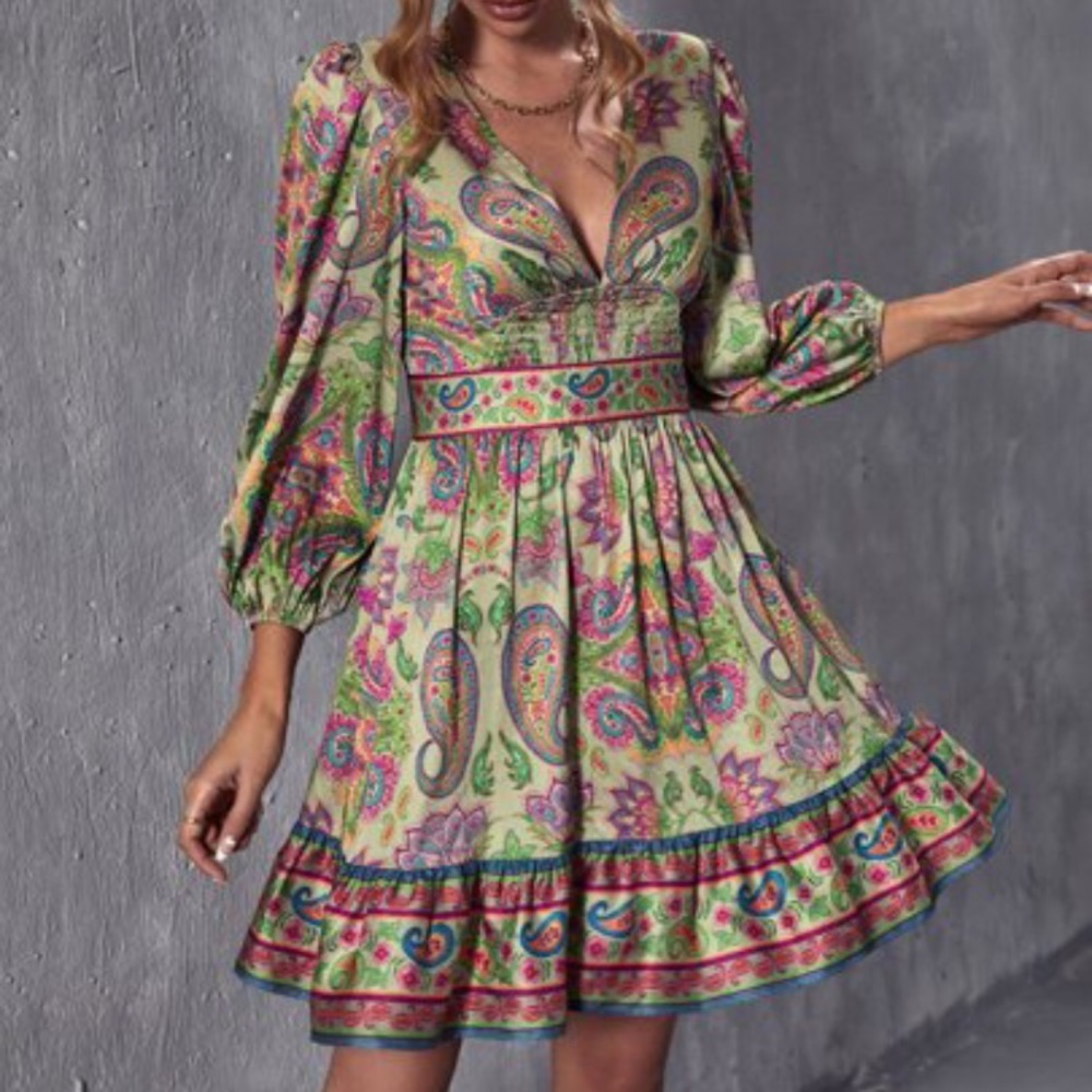 Boho floral paisley print lantern sleeve ruffle hem dress